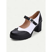 olcso Block Heels-női kék-fehér mary jane vaskos sarkú cipő brogue részletekkel, vintage stílusú kényelmes pumpák irodába, bulikba és mindennapi viseletre