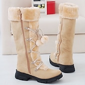 abordables Bottes de neige et d&#039;hiver-bottes d&#039;hiver noires à lacets pour femmes avec bordure en fausse fourrure, détails à pompons et semelle antidérapante robuste pour la neige et le froid en extérieur