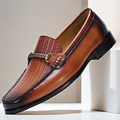 cheap Premium Leather Loafers-Stylish Brown Leather Loafers with Woven Detail and Metal Bit for Men | Perfect for Casual and Business Casual