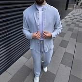billiga Basic skjortor för män-Herr 2 delar Skjorta set Matchande set Casual skjorta Knapp upp skjorta Svart Vit Blå Grön Khaki grön Långärmad Slät Bandkrage Semester Dagligen Kläder Mode Ledigt