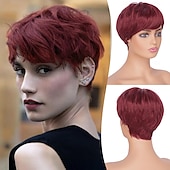 baratos Perucas Sintéticas sem Touca-pixie cut perucas sintéticas curtas pixie corte de cabelo peruca com franja peruca em camadas sem cola perucas onduladas para mulheres