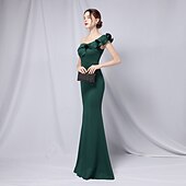 abordables VERT-Robe de soirée sirène  trompette robe élégante formelle mariage longueur de sol manches 3/4 une épaule crêpe extensible avec volants 2025