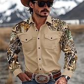 economico camicie western da uomo-Per uomo Color Block Camouflage Camicia occidentale Camicia da cowboy Manica lunga Occidentale Informale Casual Primavera Autunno Collo ripiegabile 2 tasche Marrone Verde Beige Grigio