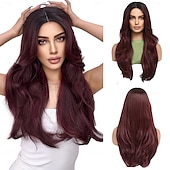 economico Parrucche trendy sintetiche-parrucche lunghe ondulate per donne riga in mezzo radici scure estremità dei capelli parrucca ondulata frontale naturale stratificata capelli sintetici ricci per halloween natale festa cosplay