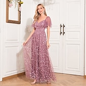 levne růžová-A-line večerní róba elegantní šaty na večírek plesové podlahové délky bez rukávů výstřih do V podzimní svatební host s tylovým žebříčkovým výstřihem s výšivkou