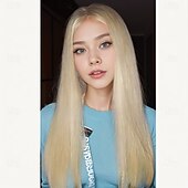 economico Parrucche delle celebrità-jennie kim ha ispirato le parrucche sintetiche parrucca dritta con riga centrale parrucca lunga bionda sintetica capelli da donna design alla moda biondo naturale morbido