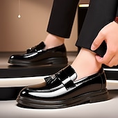 levne Poloformální-pánské černé lakované střapcové mokasíny – elegantní slip-on společenské boty pro formální události, svatby a obchodní oblečení