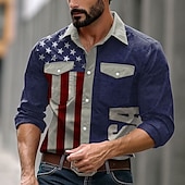 cheap Men&#039;s Western Shirts-Men&#039;s American US Flag Casual Shirt Western Shirt Button Up Shirt Long Sleeve Western Fashion Casual Causal Casual Spring Fall Turndown Button Up 2 Pockets Navy Blue