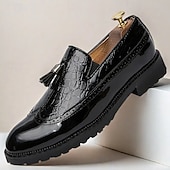 billiga Halvformell-Herrloafers i svart och vitt i lackkonstläder – krokodilpräglade tofsar med grov sula för Gatsby-fest, bröllop, bal, elegant nattliv