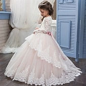 preiswerte Kleider für die Blumenmädchen-Blumenmädchenkleid Kinder Mädchen Prinzessinenkleid Leistung Hochzeit Party Elegant Schön Gitter Feste Farbe Langarm Rundhalsausschnitt Hellgelb Hellrosa 4 Jahre +