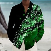 preiswerte Bedruckte Herrenhemden-Herren Feder Hawaiihemd Sommerhemd Knopfhemd Aloha-Shirt Langarm Hawaiianisch Urlaub Frühling Herbst Umlegekragen Knopf hoch Violett Blau Grün Pfauenblau