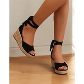 cheap Vacation Sandals-Women&#039;s Beige Espadrille Wedge Sandals with Ankle Wrap, Open-Toe Summer Shoes for Beach, Casual, and Vacation Wear