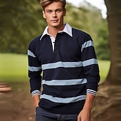 economico Polo da rugby da uomo-Per uomo A righe Polo a maglia intrecciata Manica Lunga Magliette polo Camicie con Colletto Casual All'aperto Athleisure Stampa 3D Primavera Autunno Blu