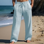 baratos Feriado-Homens Calças de linho Calças Calça verão Calças de praia Com Cordão Cintura elástica Perna reta Listra Conforto Respirável Comprimento total Casual Diário Feriado Férias Moda Branco Azul Céu