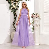 levne Šaty pro svatební hosty-A-line šaty pro svatební hosty elegantní šaty svatební hosti na večírky maximální délky bez rukávů halterneck podzimní svatební host tulle s mašlí