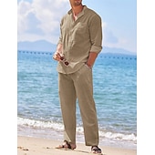 cheap Men&#039;s Basic Shirts Sets-Men&#039;s 2 Piece Shirt Set Summer Shirt Matching Sets Beach Shirt Button Up Shirt Plain Vacation Casual Black White Blue Khaki Long Sleeve Collar Spring &amp; Summer Clothing Apparel