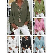voordelige Overhemden-Dames Overhemd Blouse Katoenen linnen overhemden Effen Basic Lange mouw V-hals Lange tops Casual Dagelijks Zwart Wit Blozend Roze Leger Groen blauw Zomer Lente