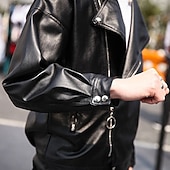 cheap Faux Leather Jackets-Men's Faux Leather Jacket Transition Jacket Biker Jacket Motorcycle Jacket Vacation Daily Windproof Warm Pocket Fall &amp; Winter Plain Fashion Classic Lapel Regular Black Jacket
