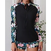 halpa Ihottumavartiot-Naisten Rashguard-uimapuku Kevyt Pitkähihainen Uima-asut Uimapuku 2-osainen Etuvetoketju Uinti Lainelautailu Hiekkaranta Vesiurheilu Kukat Tilkkutäkki Painettu Kesä Kevät Syksy
