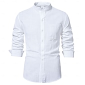 economico Classico-Per uomo Camicia camicia di lino Camicia con colletto a fascia Camicia estiva Camicia da spiaggia Liscio Da mare Informale Bianco Blu marino scuro Blu Marrone Manica lunga A fascia Primavera estate