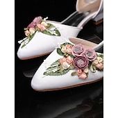 tanie Półformalny-damskie białe, kwiatowe, płaskie buty ślubne z paskiem przy kostce - eleganckie buty ślubne na śluby i ceremonie w ogrodzie