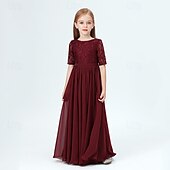 abordables Robes de fête-Enfants Fille Robe de fête Couleur unie Demi Manches Utilisation Maille Princesse Doux Maille Mi-mollet Robe Fourreau Robe en Tulle Eté Printemps Automne 2-12 ans Vin