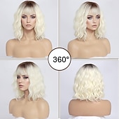 baratos Perucas Sintéticas sem Touca-perucas curtas loiras platinadas para mulheres peruca bob ondulada platinada clara com franja cabelo sintético de comprimento médio peruca de raízes escuras para festa diária
