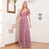 levne růžová-A-line večerní róba elegantní šaty na večírek plesové podlahové délky bez rukávů výstřih do V podzimní svatební host s tylovým žebříčkovým výstřihem s výšivkou
