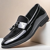 cheap Semi-Formal-Men&#039;s Black Patent Faux Leather Tassel Loafers – Velvet Accent Slip-On Dress Shoes for Wedding and Formal Wear