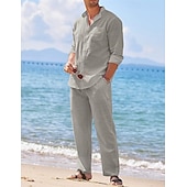 cheap Men&#039;s Basic Shirts Sets-Men&#039;s 2 Piece Shirt Set Summer Shirt Matching Sets Beach Shirt Button Up Shirt Plain Vacation Casual Black White Blue Khaki Long Sleeve Collar Spring &amp; Summer Clothing Apparel