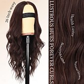economico Parrucche trendy sintetiche-parrucca per donna lunga ondulata parrucca in pizzo attaccatura dei capelli parte centrale parrucca sintetica resistente al calore per festa quotidiana