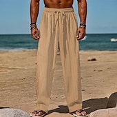 baratos Feriado-Homens Calças de linho Calças Calça verão Calças de praia Com Cordão Cintura elástica Perna reta Tecido Conforto Respirável Comprimento total Diário Feriado Praia Férias Moda Preto Branco