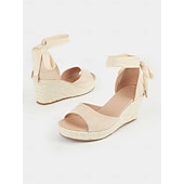 cheap Vacation Sandals-Women&#039;s Beige Espadrille Wedge Sandals with Ankle Wrap, Open-Toe Summer Shoes for Beach, Casual, and Vacation Wear