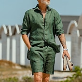 economico Set di camicie basic da uomo-Per uomo Camicia camicia di lino 2 pezzi Completo di camicia Set abbinati Liscio Esterno Strada Verde Maniche corte Estate Primavera Abbigliamento