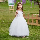 baratos Vestidos floridos-Vestido para Meninas das Flores Crianças Para Meninas Vestido de princesa Espetáculo Casamento Festa Elegante Lindo Com Transparência Côr Sólida Sem Manga Gola Redonda Branco Rosa 4 anos +