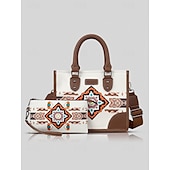 cheap Handbag &amp; Totes-Women&#039;s Canvas and Faux Leather Handbag Set with Ethnic Embroidery, Bohemian Style Tote Bag and Matching Clutch, Perfect for Travel and Everyday Use Black White Brown