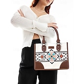 cheap Handbag &amp; Totes-Women&#039;s Canvas and Faux Leather Handbag Set with Ethnic Embroidery, Bohemian Style Tote Bag and Matching Clutch, Perfect for Travel and Everyday Use Black White Brown