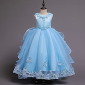 billige Blomsterkjoler-Blomsterpikekjole Barn Jente Prinsesse kjole Ytelse Bryllup Fest Elegant Vakker Netting Helfarge Ermeløs Crew-hals Vinrød Hvit 4 år +