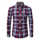 billiga herrskjorta med knäppning-Herr Skjorta Sommarskjorta Casual skjorta Knapp upp skjorta Rutiga skjortor Rubinrött Blå Långärmad Rutig Kavajslag Semester Helgdag Framficka Kläder Polyester Mode Ledigt Bekväm