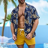 preiswerte Tropische Pflanzen-Herren Palmblatt Lässiges Hemd Aloha-Shirt Kurzarm Hawaiianisch Resort Urlaub Casual Sommer Frühling Umlegekragen Knopf hoch Blau