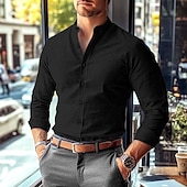 cheap Business Casual-Men&#039;s Shirt Band Collar Shirt Summer Shirt Dress Shirt Button Up Shirt Solid Color Work Wear to work Black White Pink Blue Long Sleeve Collar Clothing Apparel