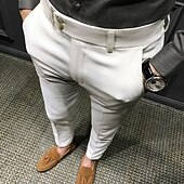baratos Magro-Homens Graduação Social Calças chinês Botões Bolsos Tecido Conforto Formal Festa Trabalho Moda Estilo Clássico Preto Branco Micro-Elástica