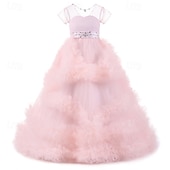 baratos Vestidos floridos-Vestido para Meninas das Flores Crianças Para Meninas Vestido de princesa Espetáculo Casamento Festa Elegante Lindo Com Transparência Côr Sólida Sem Manga Ombro a Ombro Branco Rosa 4 anos +