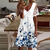 billige Skriv ut blomsterkjoler-Dame Normal EU / USA størrelse Midikjole Langermet Boho-kjole Solkjole Elegant kjole Elegant Bohem Tropisk Blondearm Fest Daglig Stevnemøte Løstsittende Blomstret Marmortrykk Kortermet V-hals Lys