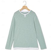 preiswerte Baumwoll-Leinen T-Shirts-Herren Hemd V-Ausschnitt T-Shirt Langarmshirt Langarm V Ausschnitt Frühling &amp; Herbst Einfarbig Patchwork Täglich Lässig Streetstyle Falscher Zweiteiler Outdoor Straße Lässig Dunkelgrau Hellgrün Kaffee