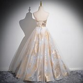 cheap Prom Dresses-Floral Gold Ball Gown A-Line Prom Dresses Vintage Dress Formal Masquerade Floor Length Sleeveless Spaghetti Strap Tulle with Glitter Wedding Guest Dress