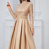ieftine șampanie-Rochie de seară tip A-Line rochie elegantă pentru petrecere rochie formală de gală cu lungime până la podea cu mânecă lungă cu gât rigid curea/sasch din amestec de bumbac cu spate cowl cu butoane