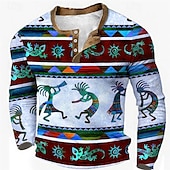 voordelige Etnische stijl-Voor heren Grafisch Tribal Henley-shirt Wafel T-shirt Lange mouw 3D-afdrukken Modieus Ontwerper Etnisch Buitensporten Feestdagen Festival Lente &amp; Herfst blauw Bruin Groen Grijs Henley Henley-T-shirt