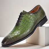 tanie Klasyczne Buty Eleganckie-męskie zielone skórzane buty typu oxford ze wzorem krokodyla – najwyższej jakości skóra bydlęca, sznurowane, na formalne, biznesowe i specjalne okazje