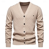 billige Herre Elite Hettegensere &amp; Sweatshirts-Herre Cardigan Genser Kofte Riflet Strikke Vanlige topper Knepp opp Knapp ned Helfarge V-hals Strikketøy Mote Arbeid Avslappet Klær Vår &amp; Vinter Navyblå Beige S M L